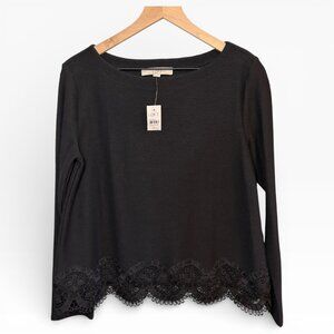 LOFT Black Long Sleeve Textured Top w/ Lace Hem • NWT • Women’s Medium